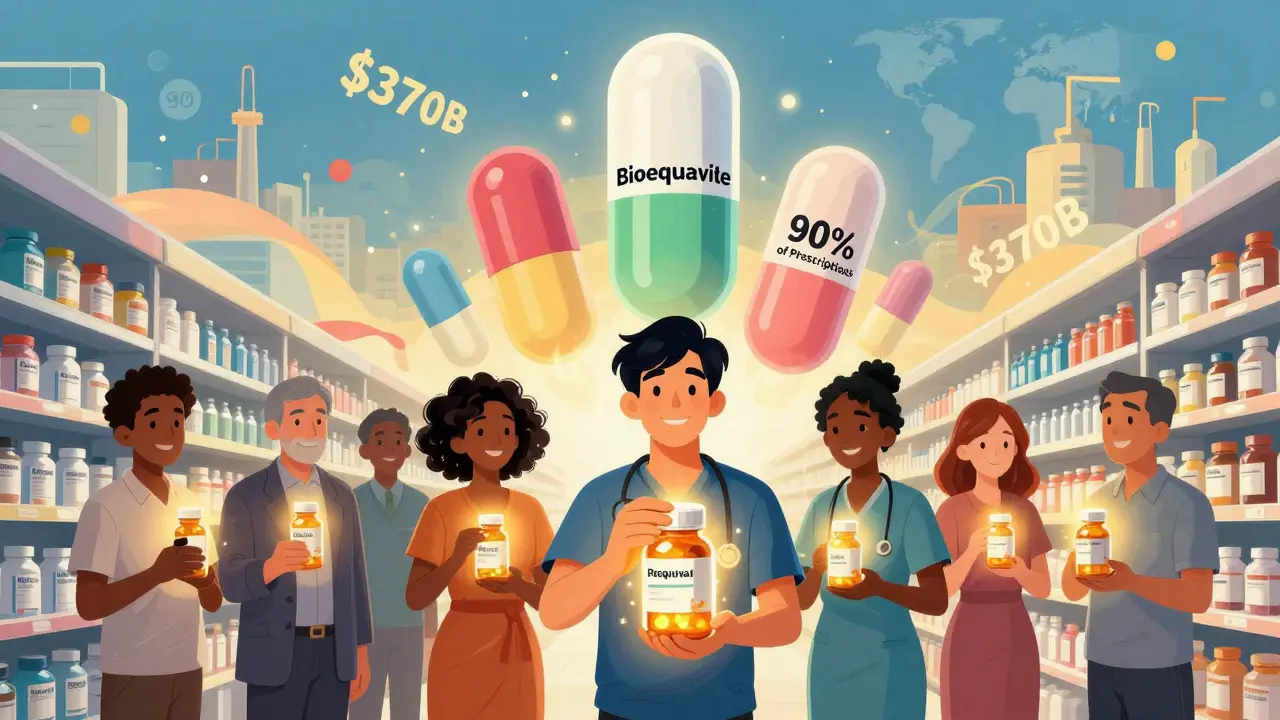 Patients holding glowing generic pills amid giant savings monuments in a colorful pharmacy