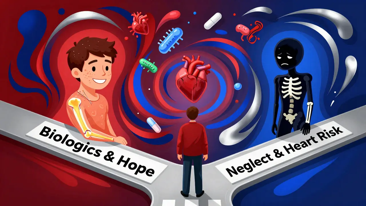 Person at a crossroads between treatment hope and disease risk, with floating medical icons in swirling psychedelic colors.