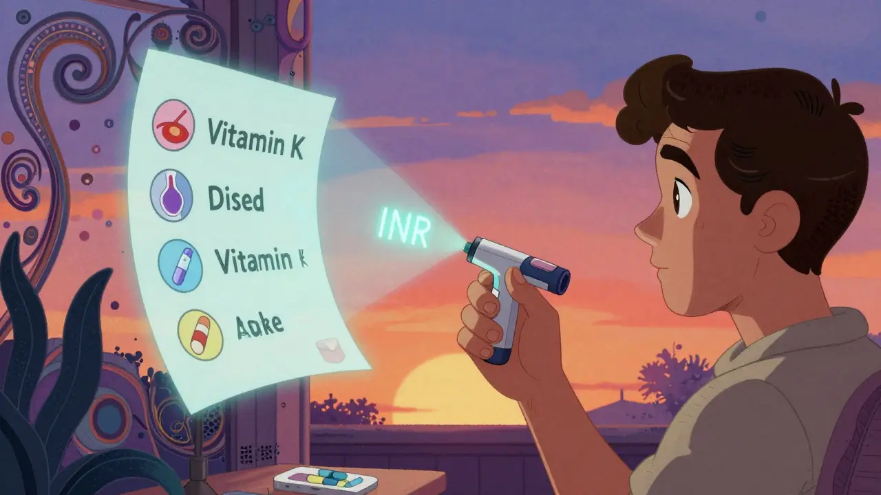 Person using home INR device with holographic readout and floating health checklist.