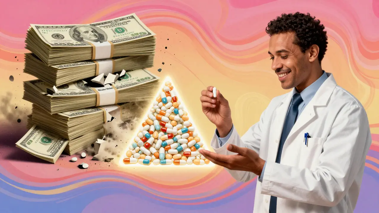 Pharmacist giving a generic pill to a patient as brand-name money turns to dust.