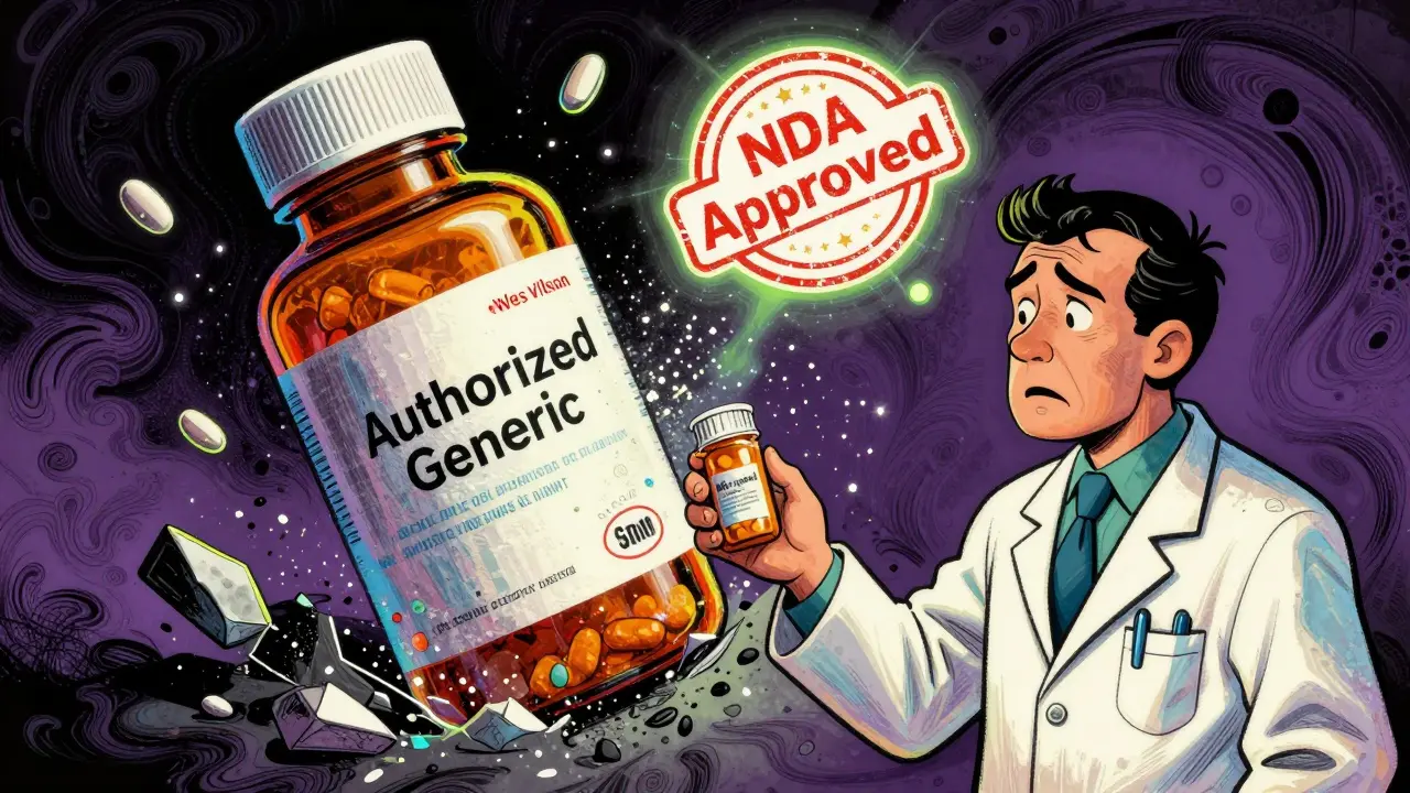 Pharmacist giving plain pill bottle to patient as brand bottle shatters in background with glowing FDA stamp.
