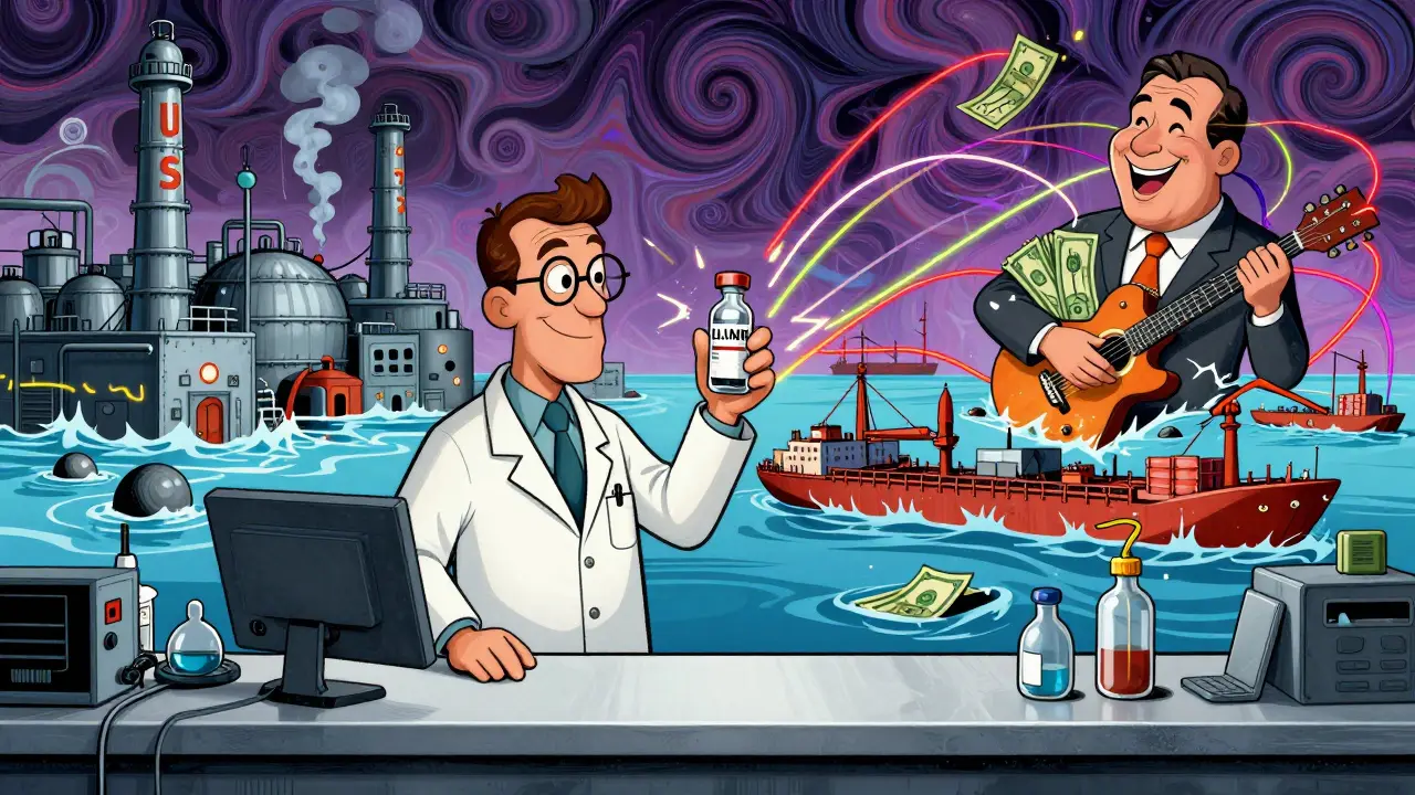 Pharmacist holding insulin as chaotic global supply chain failures unfold behind in surreal colors.