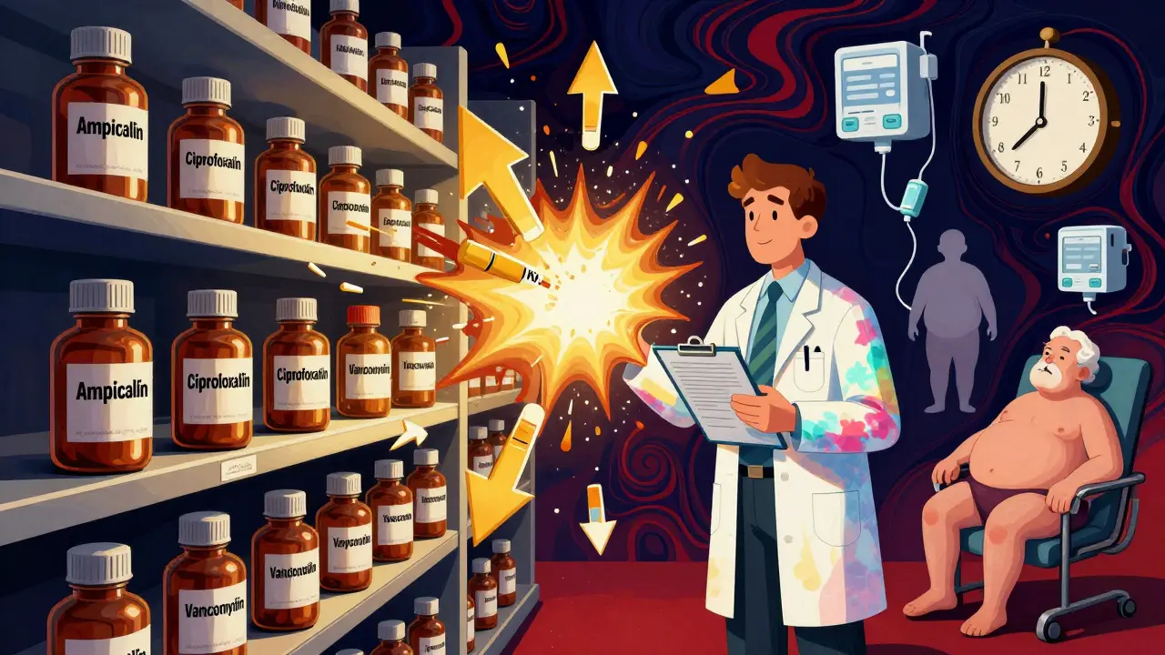 Pharmacist managing exploding antibiotic dosage arrows amid medical symbols in psychedelic art