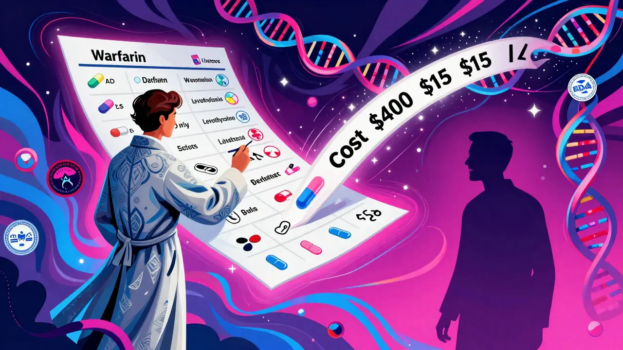 Pharmacist reviewing a psychedelic medication chart with cost bars dropping and DNA swirls in background