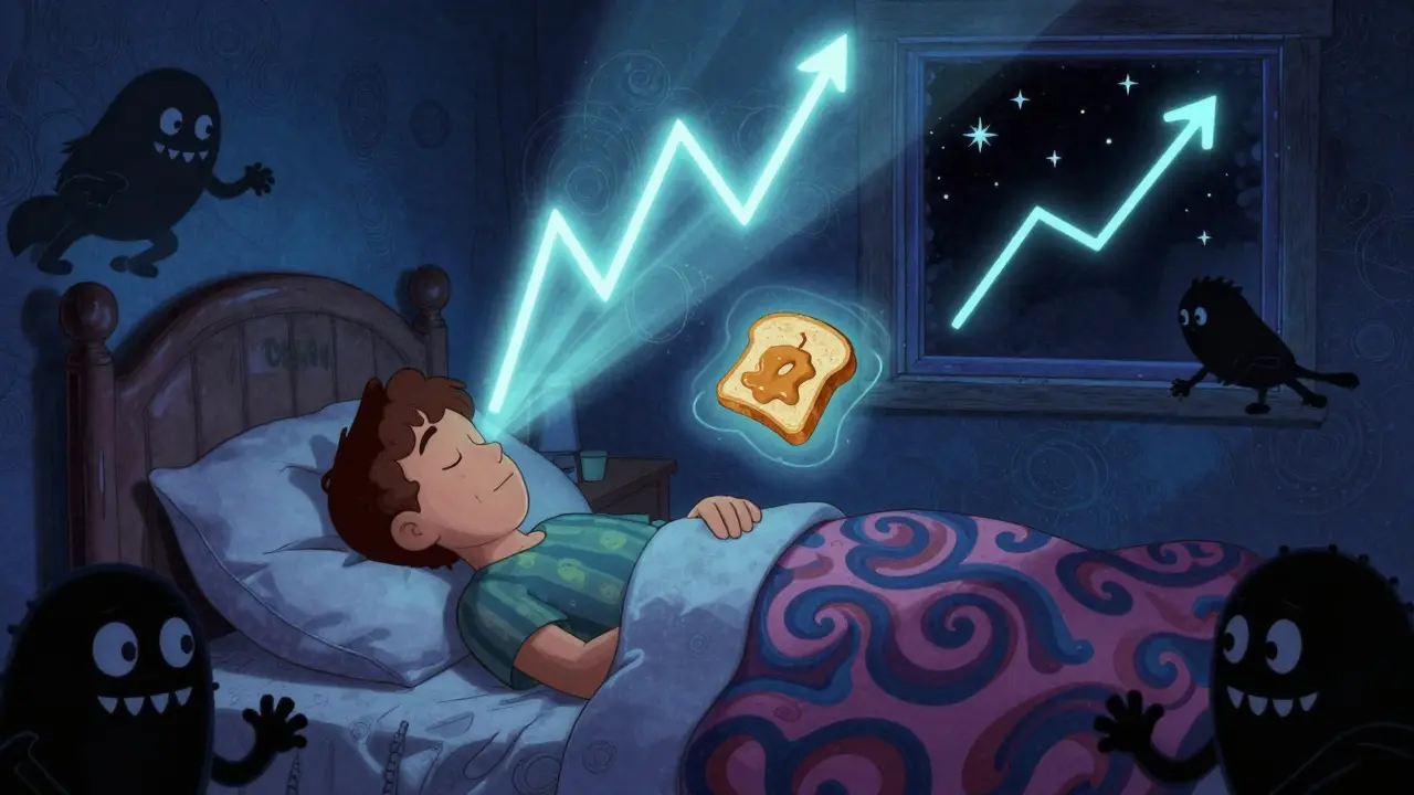 Sleeping person with glowing CGM and snack hovering nearby, repelling nighttime low blood sugar threats.