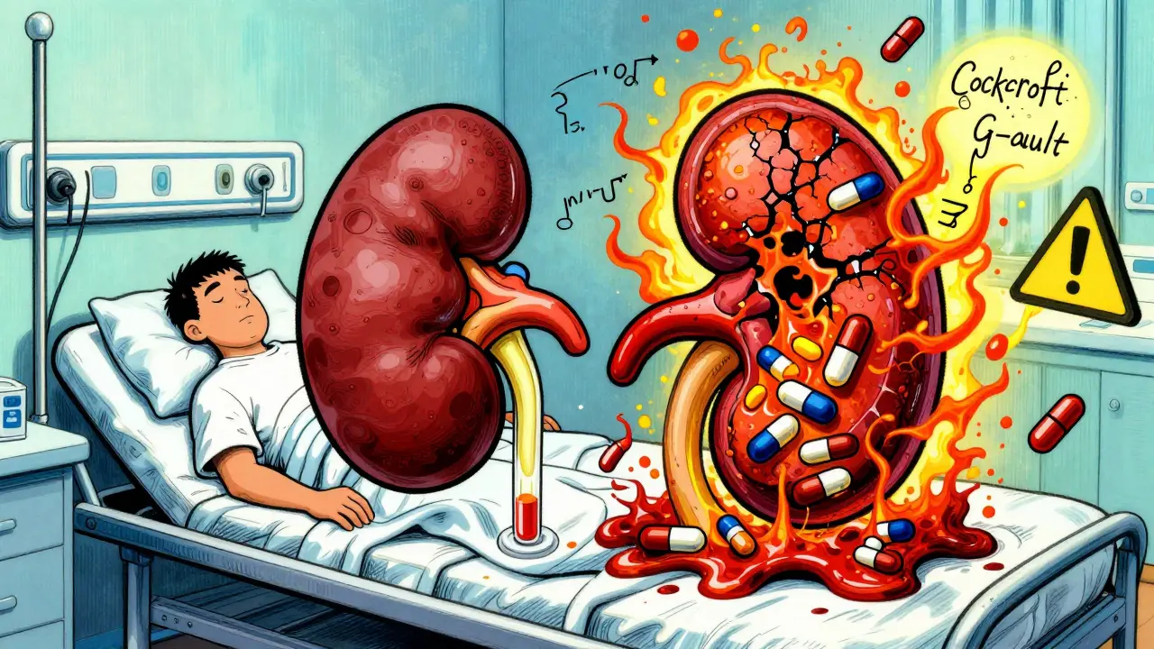 Split-body illustration showing healthy vs. failing kidney drug processing in swirling colors