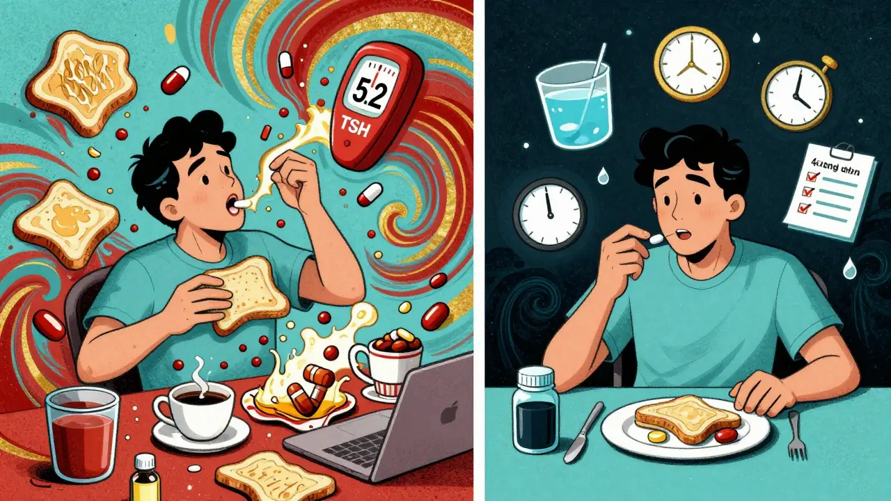 Split scene: chaotic morning dosing with high TSH vs. calm nighttime dosing with stable TSH, all in psychedelic illustration.