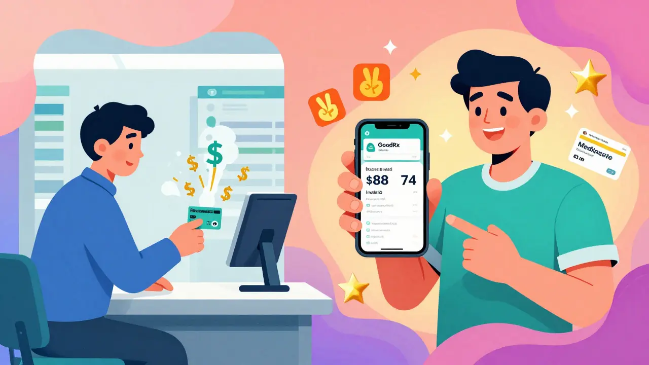 Split scene: insurance costs exploding vs. GoodRx coupon showing a low cash price for a medication.