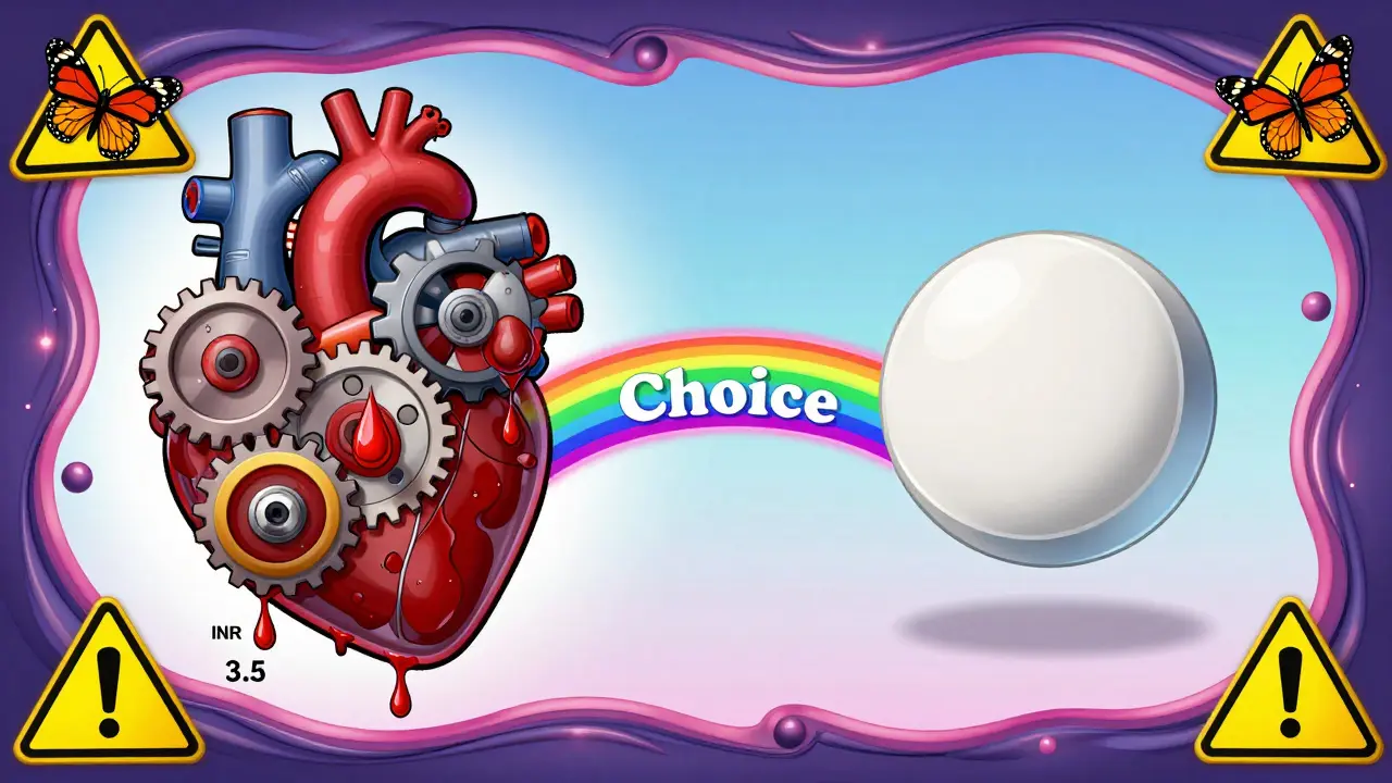 Split scene: mechanical valve with high INR vs. smooth DOAC pill, connected by rainbow bridge.