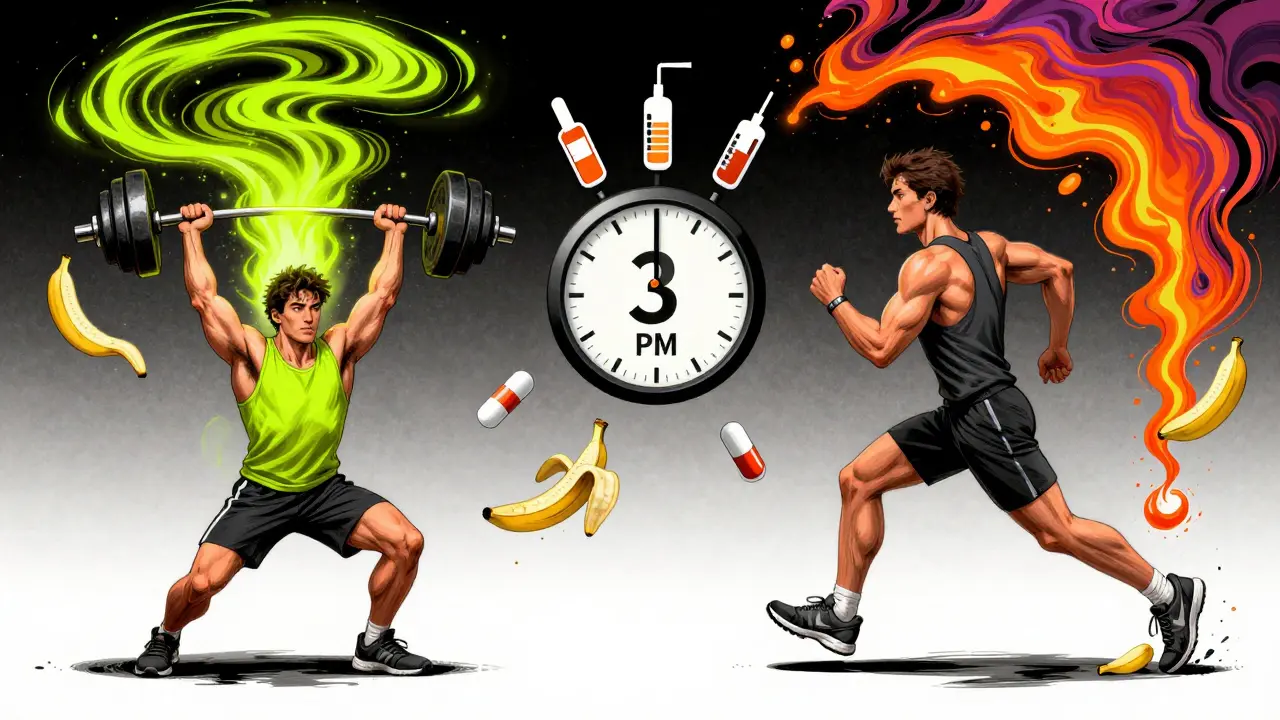 Split scene of weightlifting and jogging with rising and falling glucose in vibrant psychedelic art.