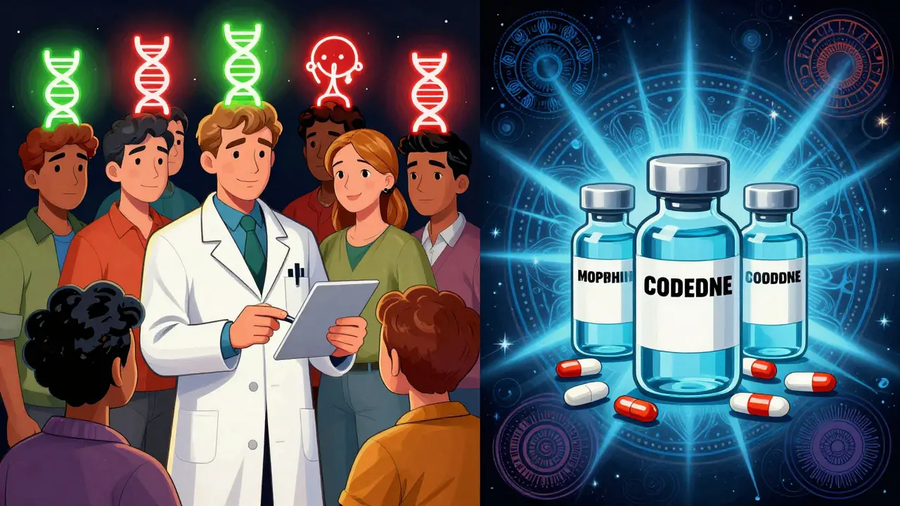 Split scene: people receiving codeine with glowing genetic warnings vs. safe alternatives radiating calm blue light.