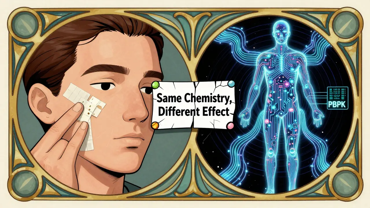 Split scene showing topical drug testing and virtual PBPK modeling with a cracked pill label in the center.