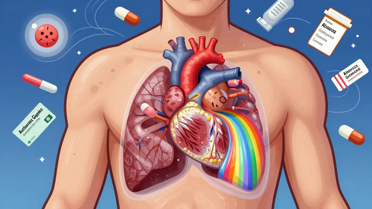 Transparent human chest showing different pill fillers—one causing rash, one smooth, in psychedelic colors.