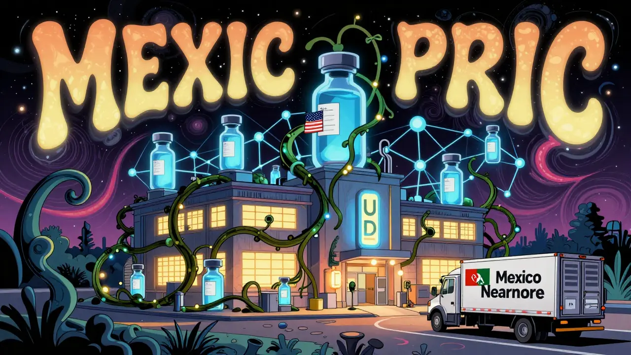 U.S. automated drug facility with blockchain and AI networks, connected to a Mexican supply truck.