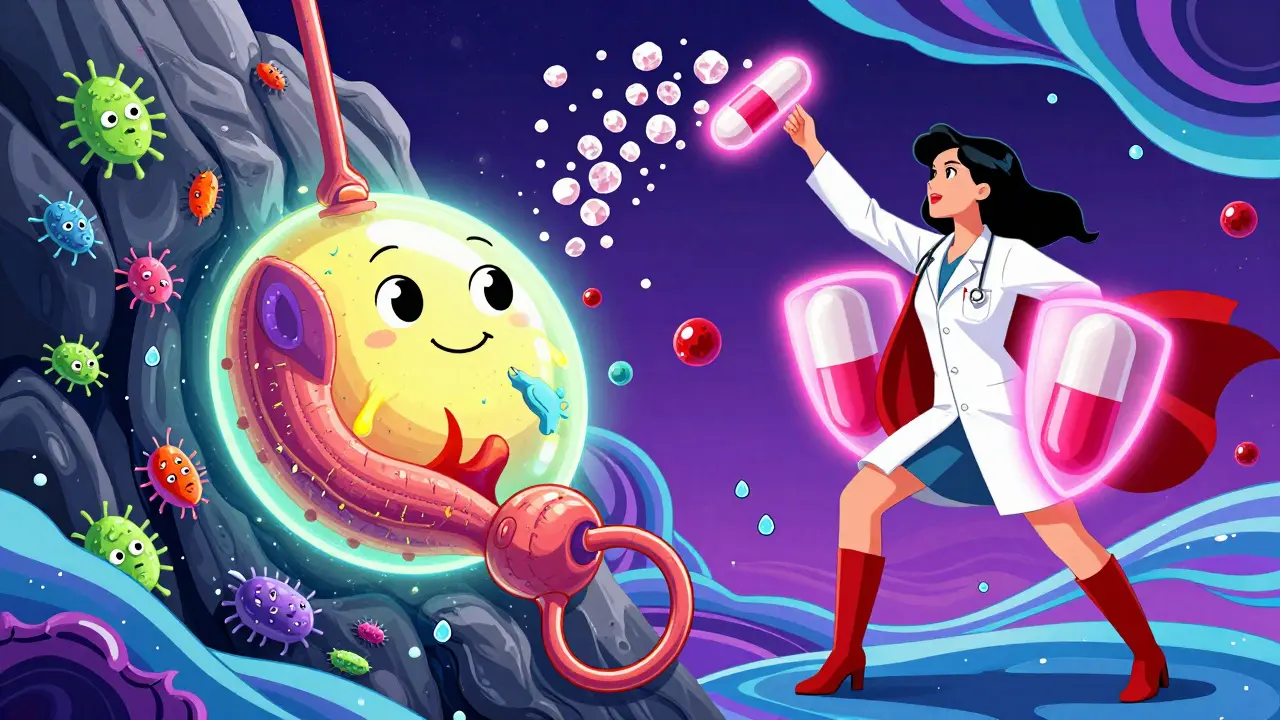 A cartoon bladder under attack by bacteria, defended by D-mannose and cranberry shields in psychedelic style.