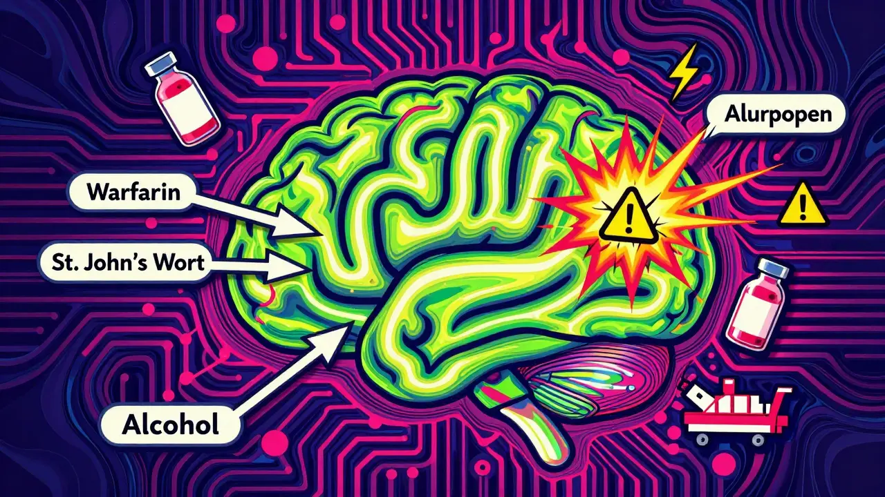 A glowing brain circuitry shows conflicting drug interactions as sparking arrows, rendered in swirling 1960s psychedelic poster art with bold contrasting colors.