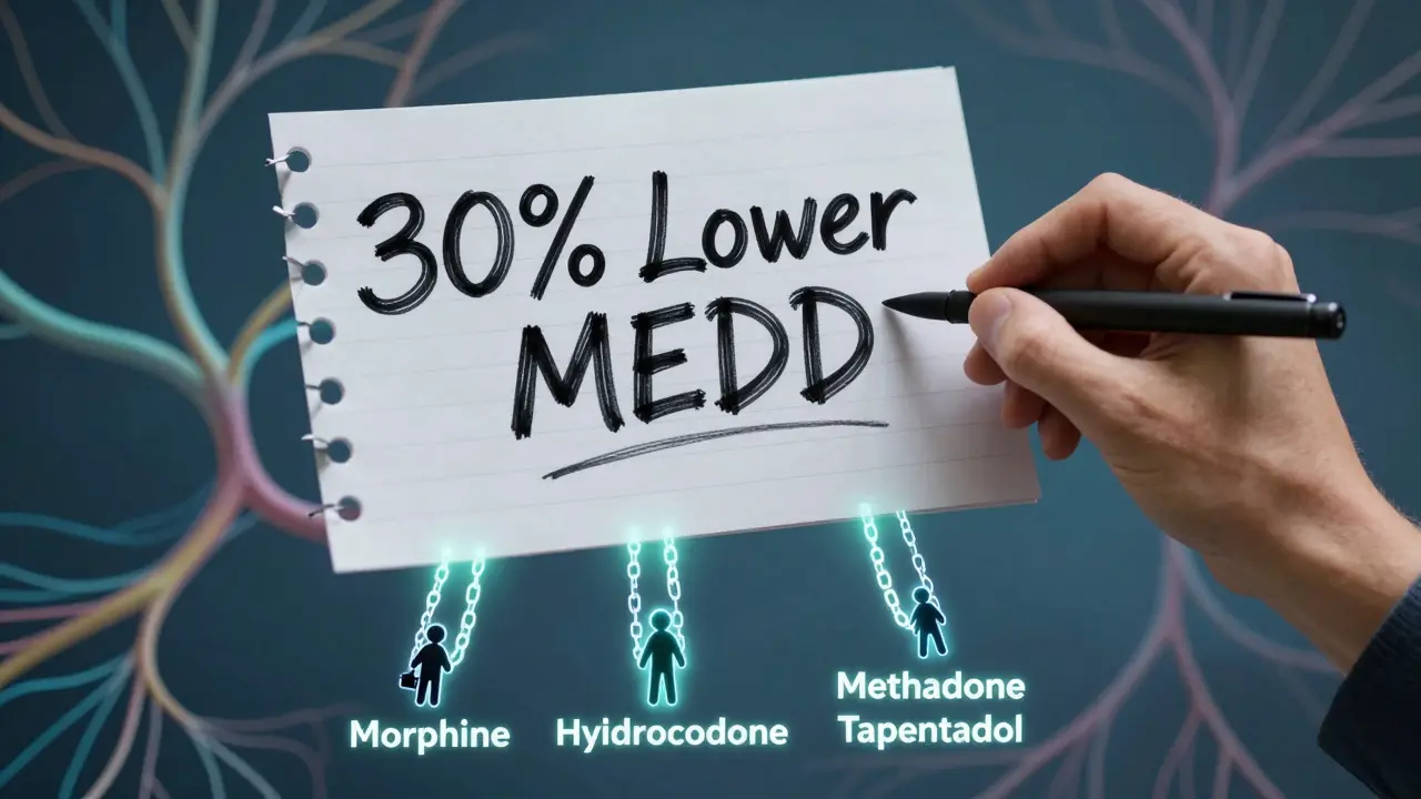 A medical chart shows a 30% reduction in opioid dose as patients shed heavy chains for lighter treatments.