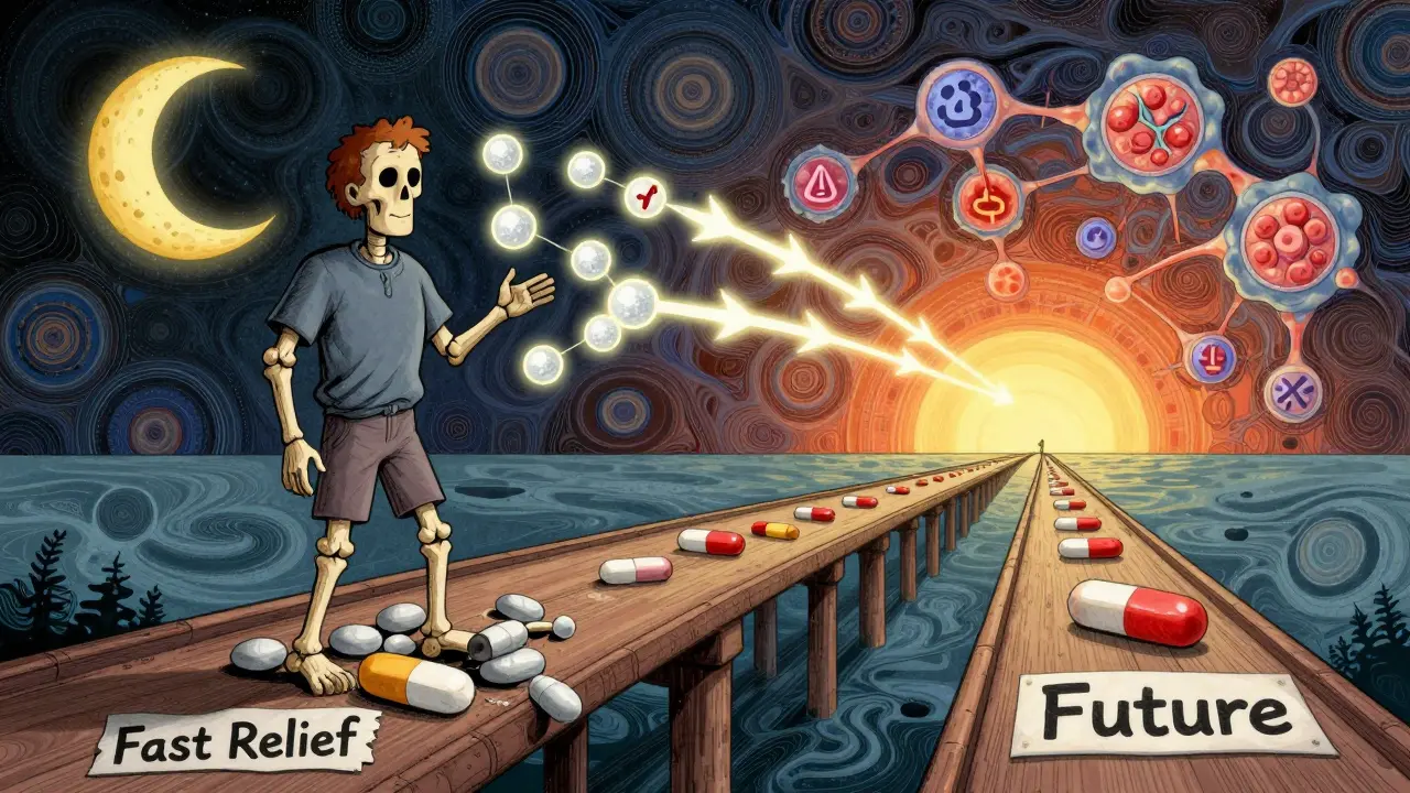 A patient on a pill bridge, one side showing side effects, the other leading to biologic therapies.