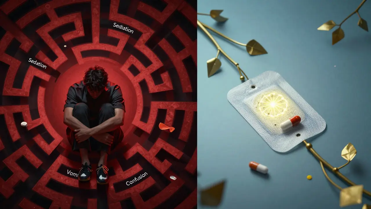 A person escapes a maze of opioid side effects toward a path of better pain control with new medications.