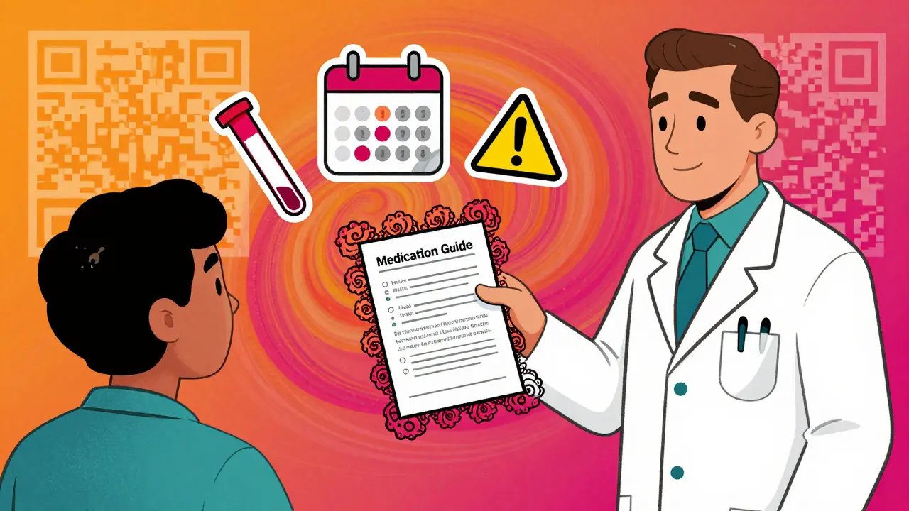 A pharmacist handing a patient a colorful Medication Guide with floating health icons and swirling psychedelic patterns.
