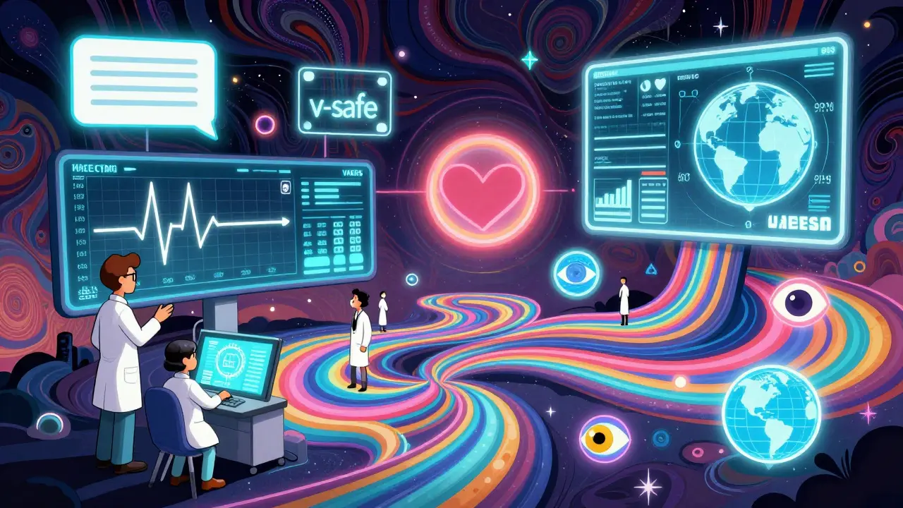 A psychedelic medical monitoring hub with floating data streams from vaccine safety systems, rendered in 1960s-inspired swirls and halos.