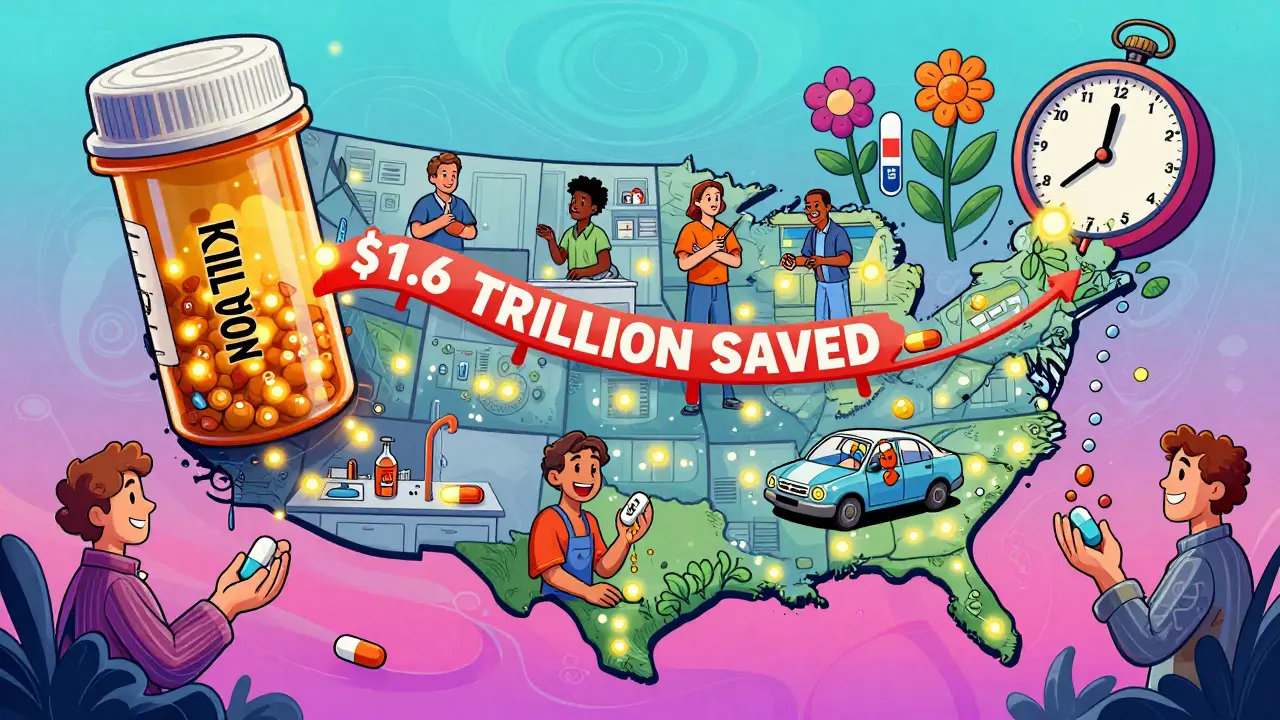 A U.S. map shaped like a pill bottle shows a path of savings across cities, with smiling patients and biosimilar icons in vibrant psychedelic style.