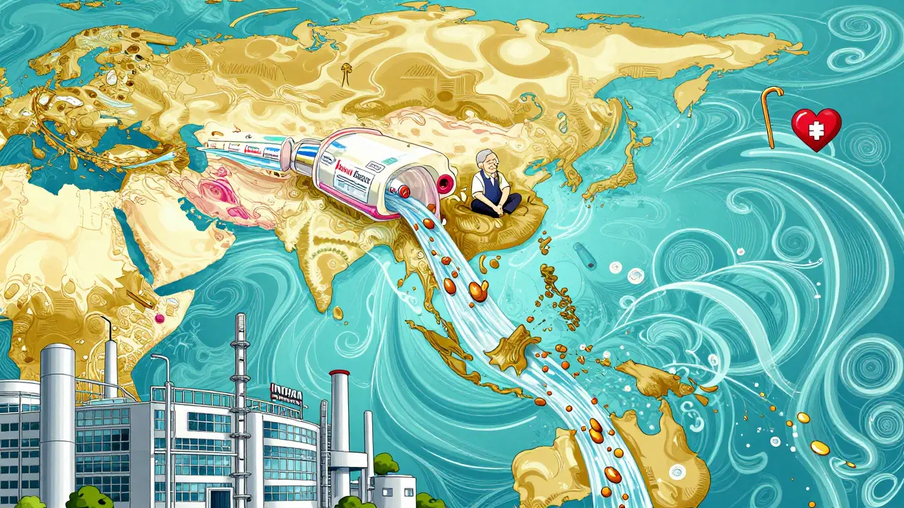 Asia-Pacific map with factory producing generics flowing into global markets and aged population symbols.