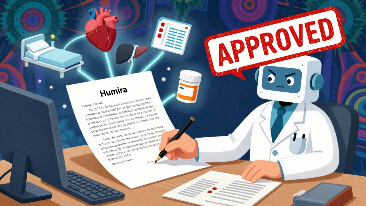 Doctor submitting a medical request for Humira with icons representing safety and efficacy, approved by a giant stamp.
