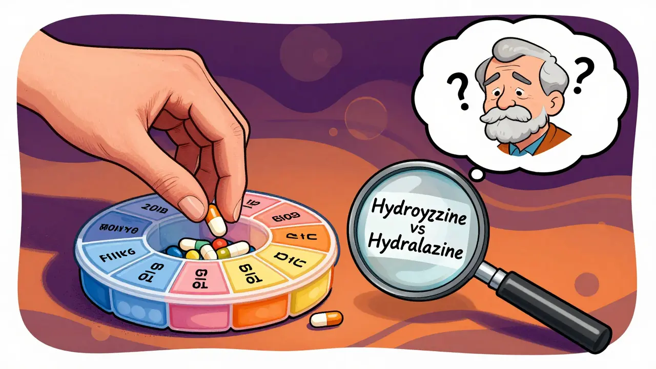Hand placing pills into a colorful time-labeled organizer with magnifying glass over similar drug names
