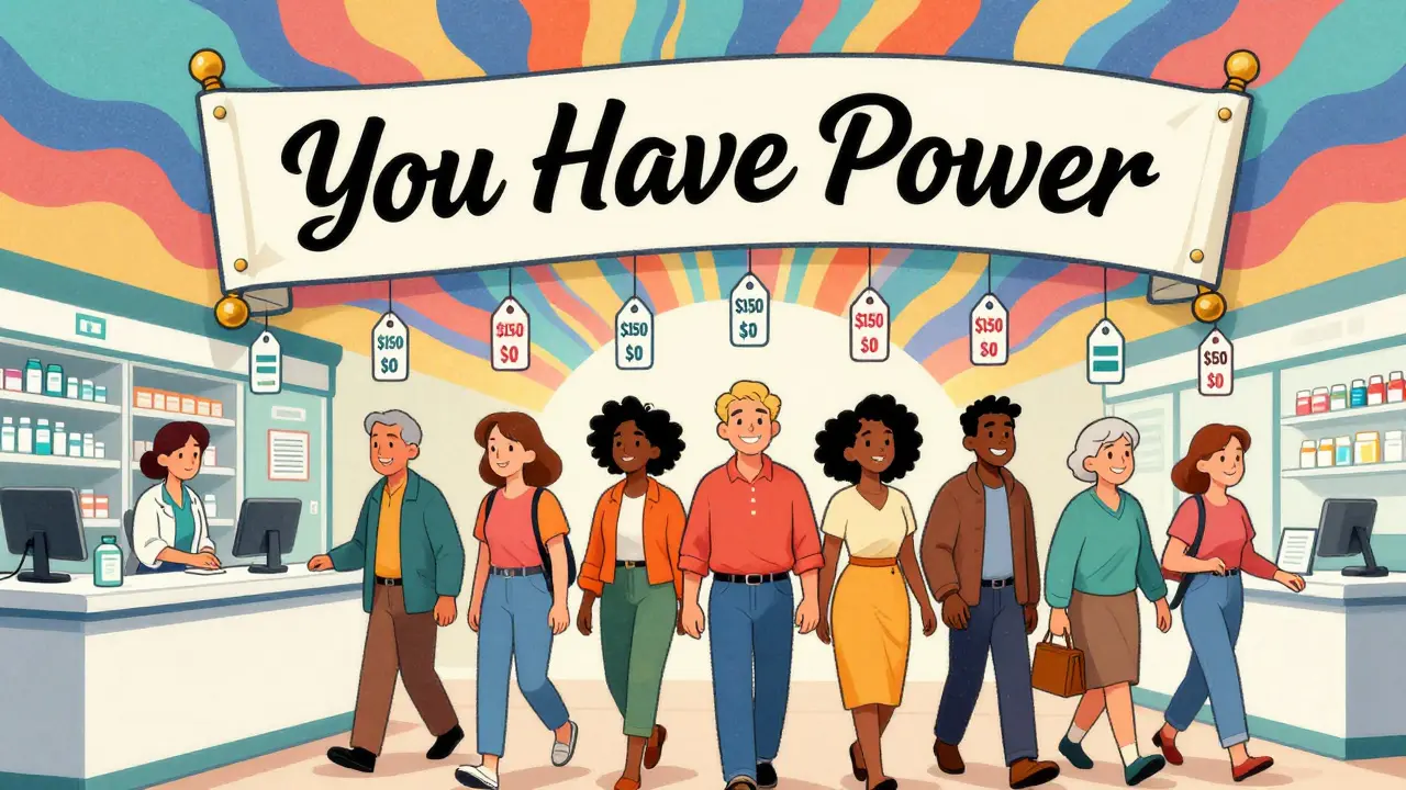 Patients walking away from pharmacy with copays dropping from 0 to <h2>What’s Changing in 2026?</h2>, symbolizing savings on specialty drugs.