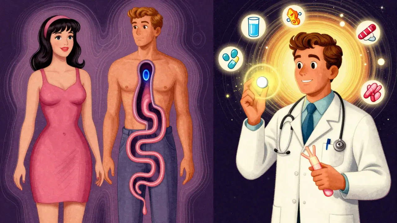 Split illustration comparing male and female urethra anatomy with preventive tools floating around like cosmic symbols.