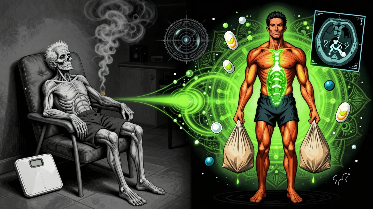 Split illustration: frail patient on left, strong and active on right, with glowing muscle and leucine symbols connecting them.