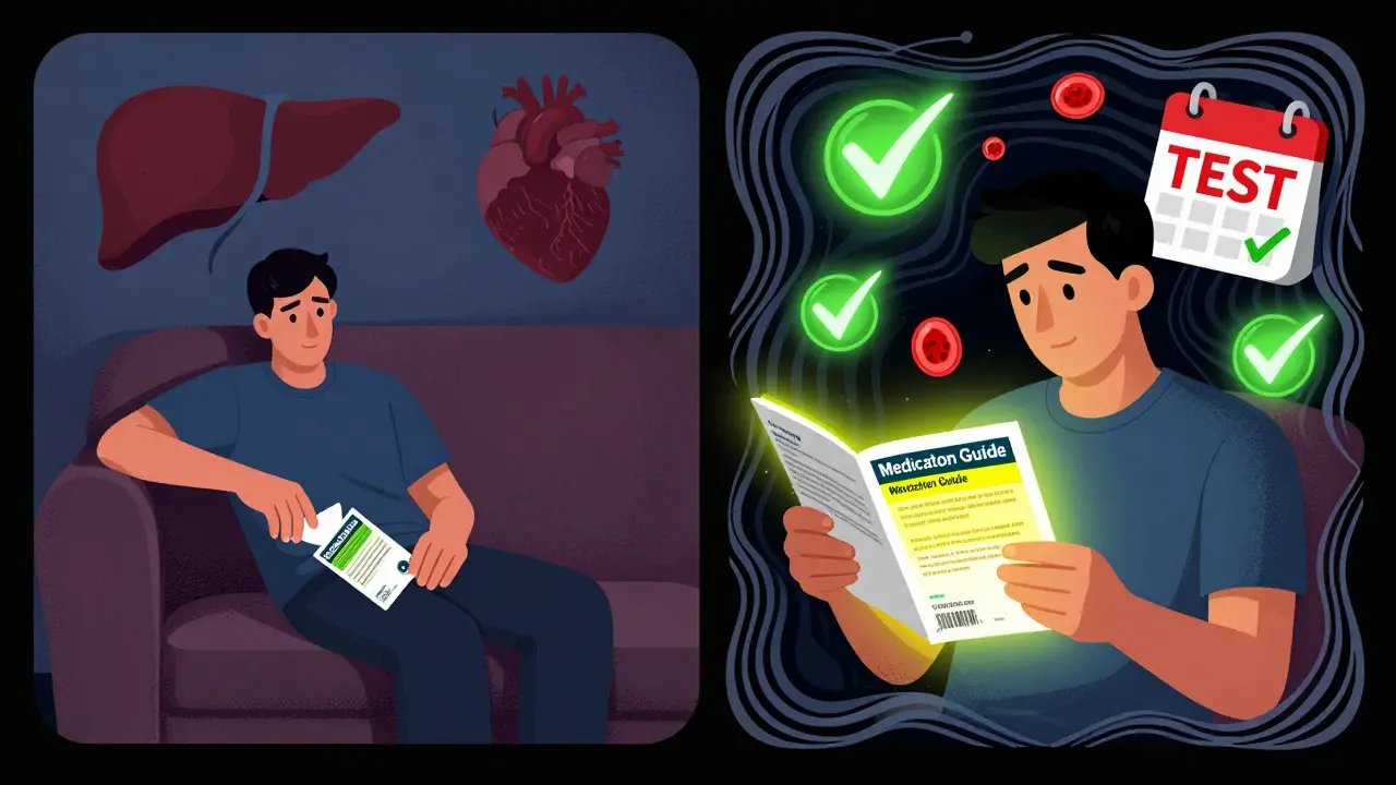 Split scene: one side shows neglect of a medication guide, the other shows active reading with glowing safety symbols.
