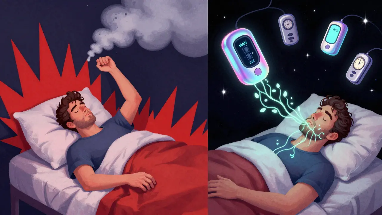 Split scene: restless snorer vs. peaceful sleeper with glowing airway pathways under a starry night sky.