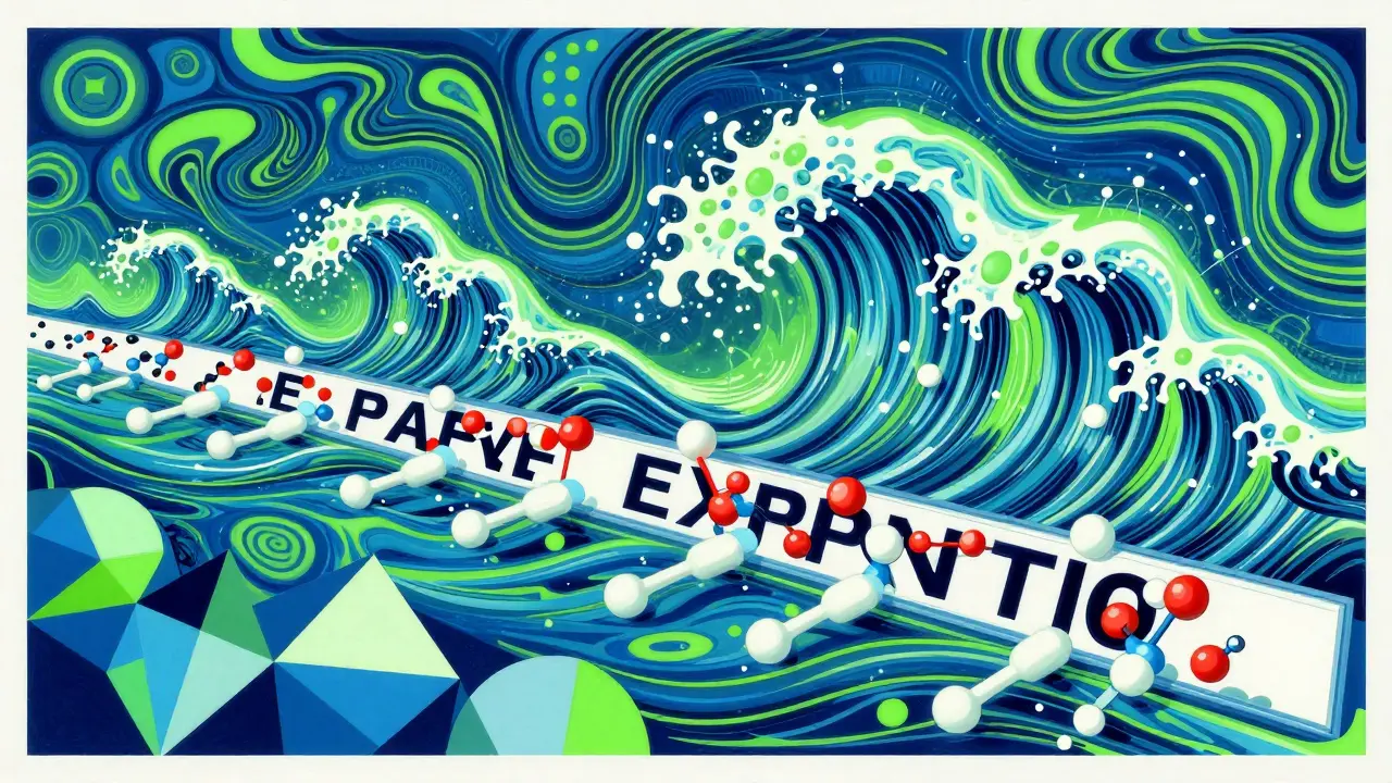 Tidal wave of generic molecules breaking through branded drug barriers with abstract medical shapes.