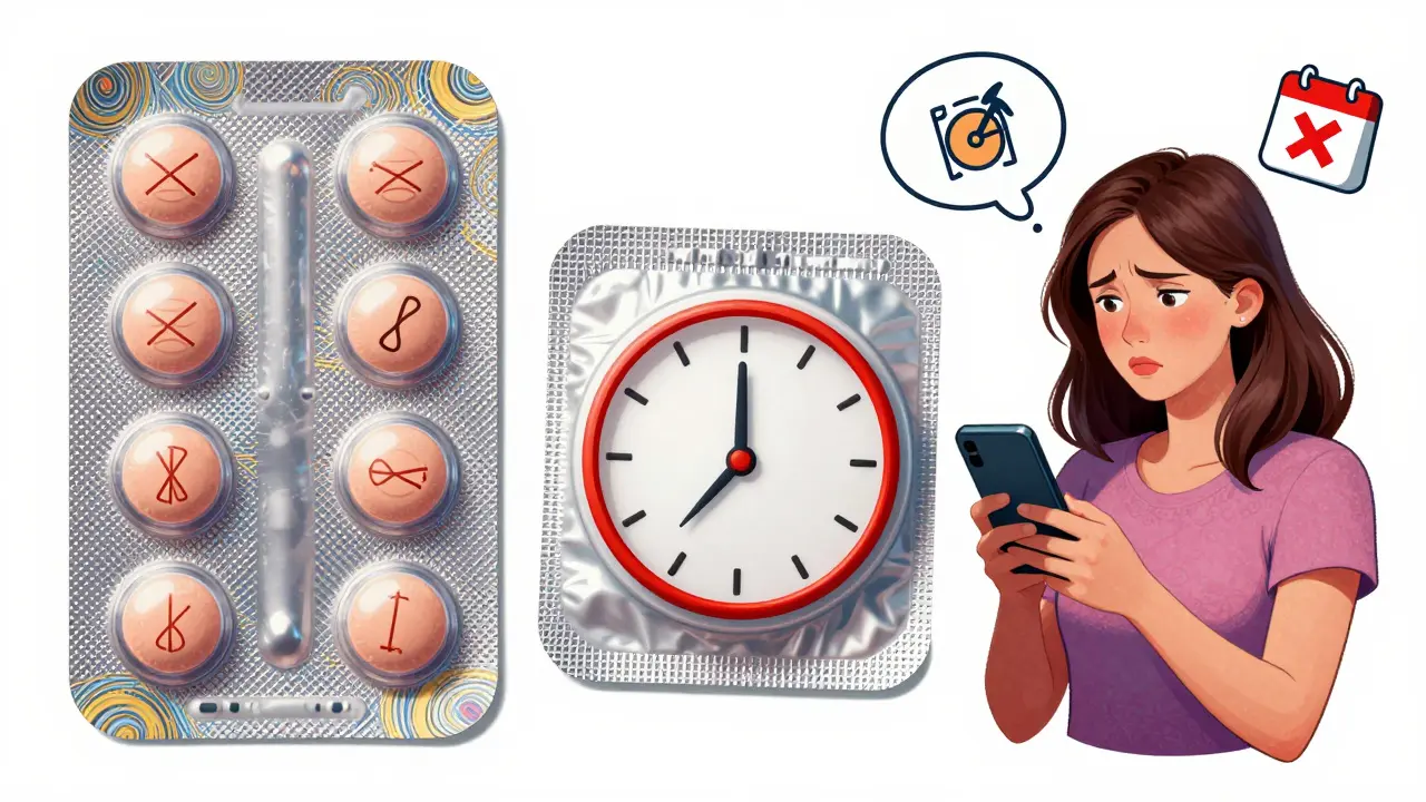 Two types of birth control pills shown with clocks and missed alarms, rendered in psychedelic 1960s style.