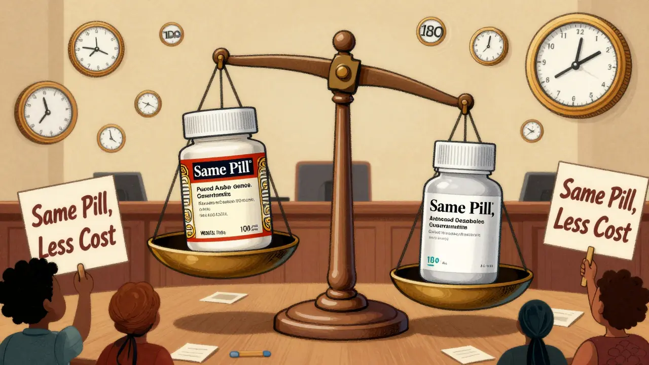 A balanced scale with brand and generic drugs on either side, surrounded by FDA seals and swirling clocks, symbolizing cost savings and equivalence.