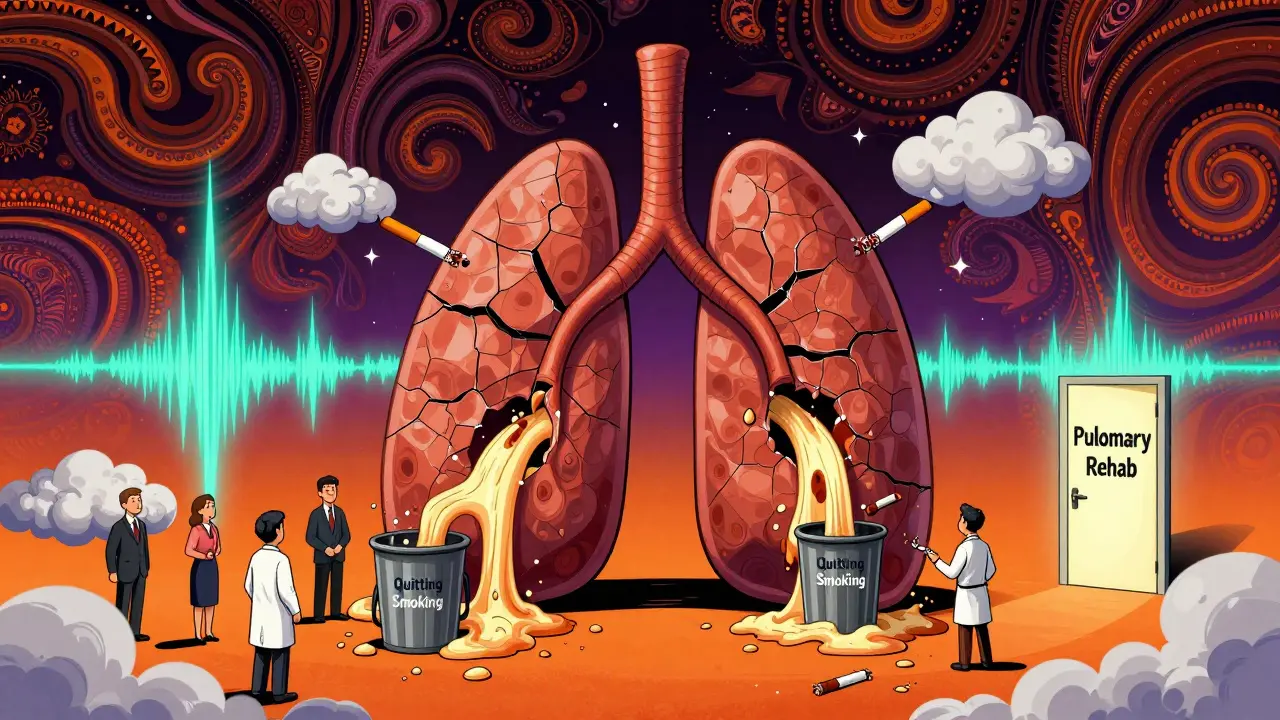 A giant lung oozes mucus into a trash can labeled 'Quitting Smoking', while counselors guide people toward rehab in psychedelic patterns.