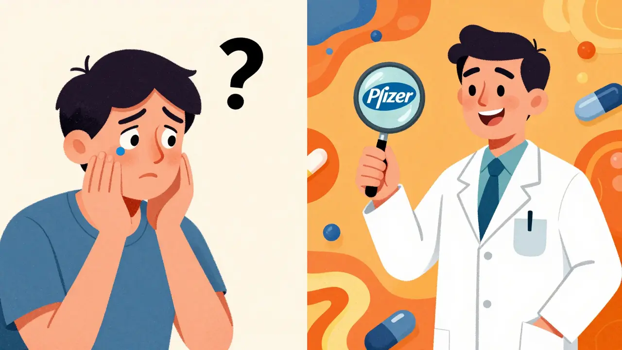 A patient and pharmacist comparing pill labels under a magnifying glass, revealing identical manufacturer logos on brand and generic drugs.