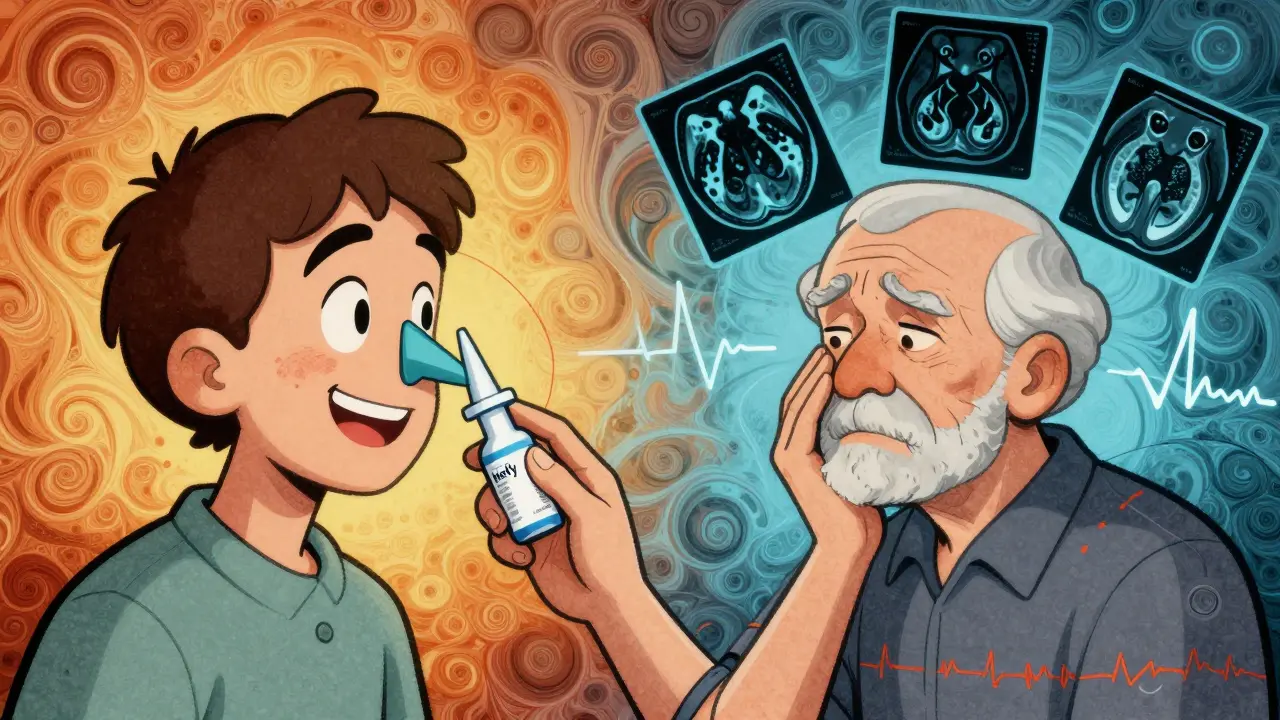 A patient using nasal spray while an elderly person faces MRI risks, in contrasting colors.