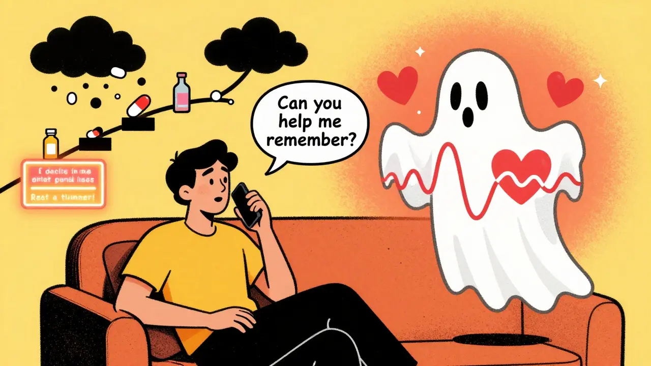 A person asking for support, with a comforting ghostly figure and tiny actionable steps glowing like neon signs in the background.