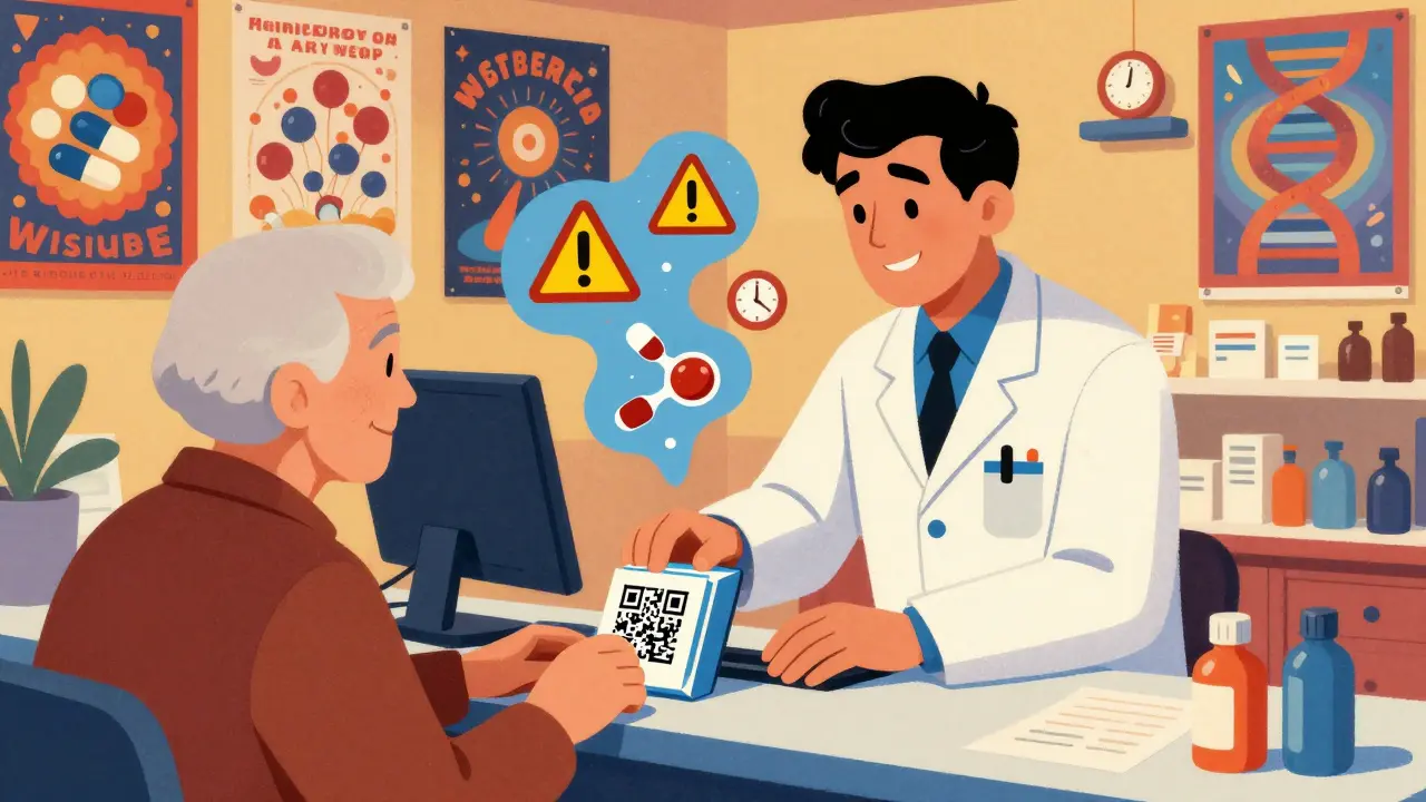 A pharmacist helping a senior patient scan a dynamic QR code on a medicine box, surrounded by animated health icons.