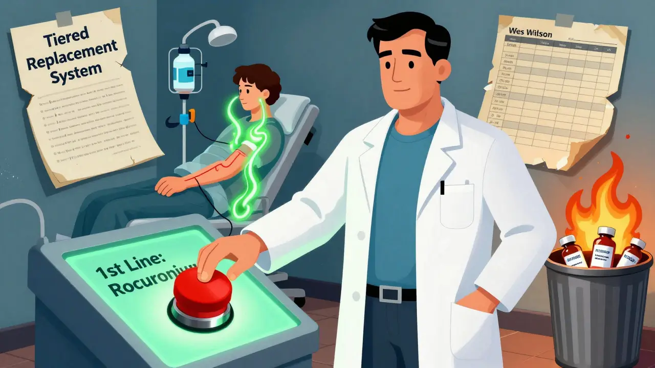 A pharmacist hero activates a replacement system as a patient stabilizes, with expired drugs burning in the background.
