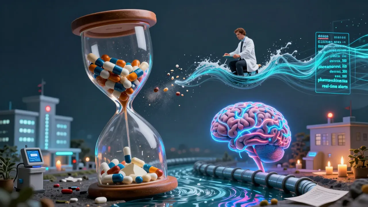 An hourglass of expired drugs transforms into a data river flowing to an AI brain, while a pharmacist rides a wave of clinical information.