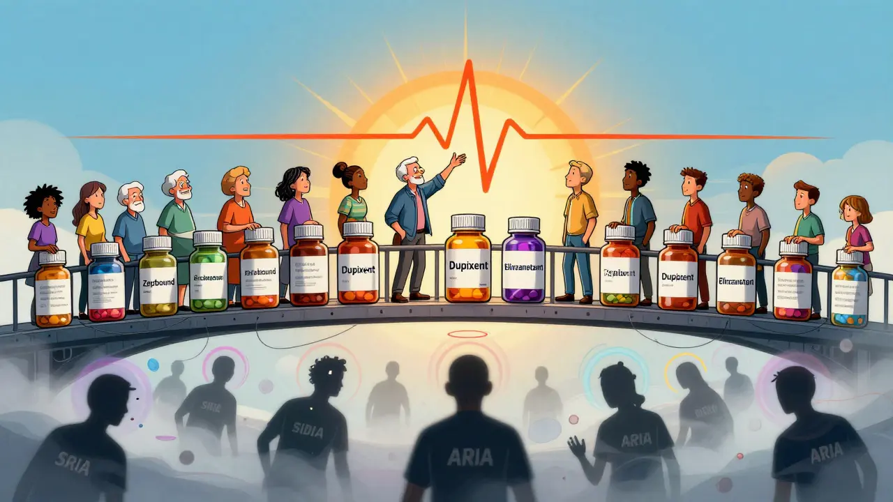 Diverse patients reach toward a sunrise heartbeat bridge made of drug names, with side effects fading below.