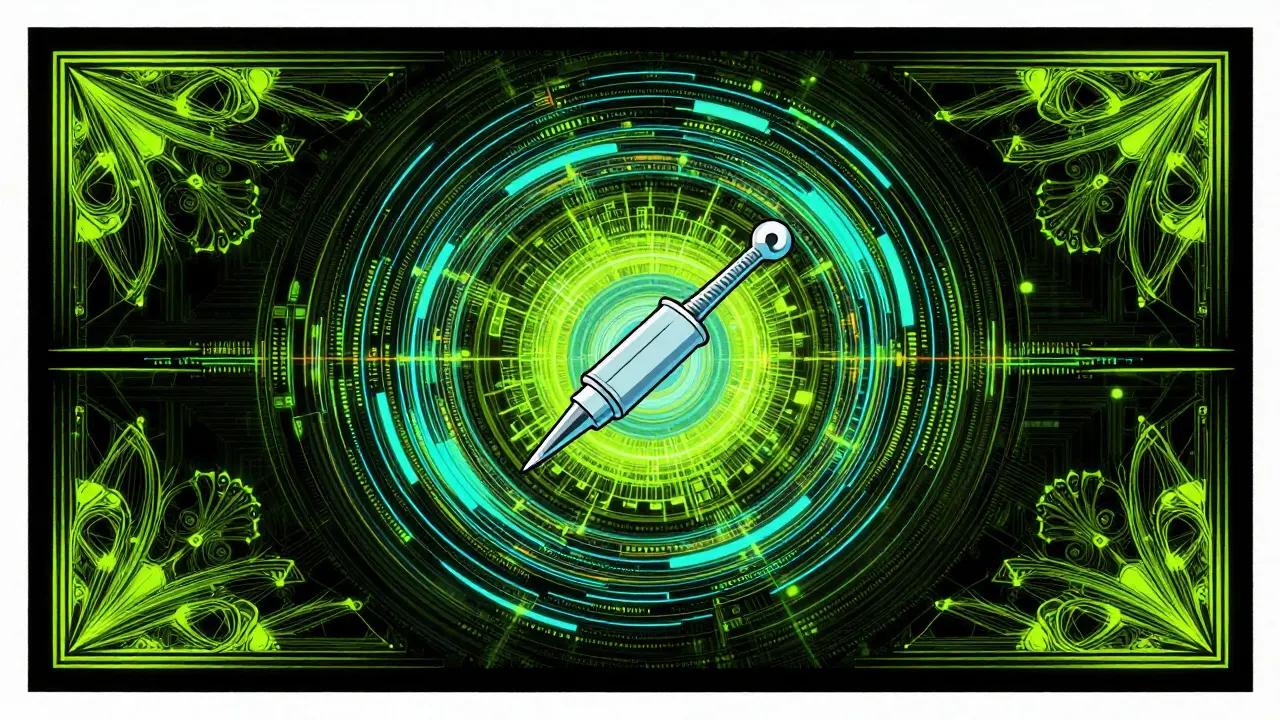 Medical device surrounded by protective digital data streams.