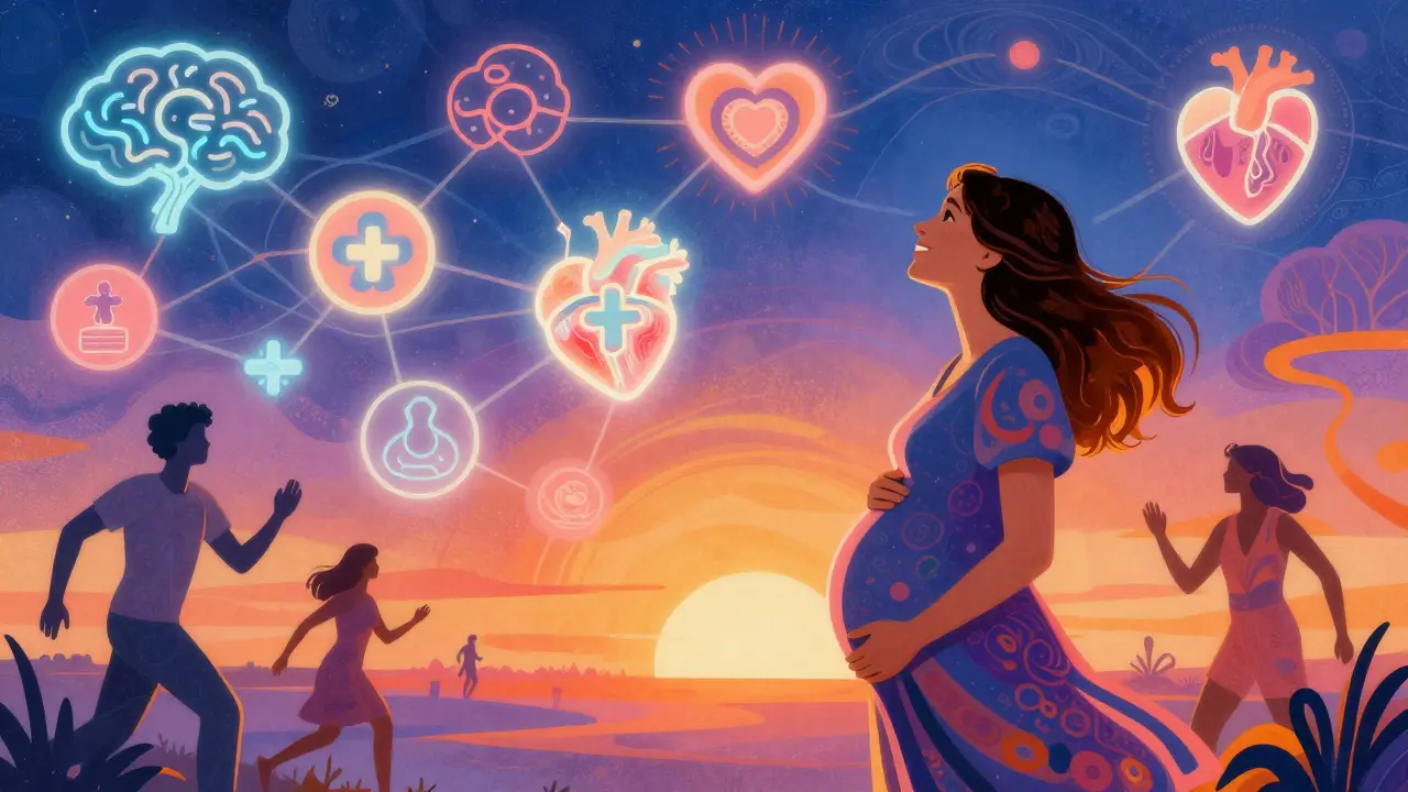 Mother looking toward horizon with personalized care symbols