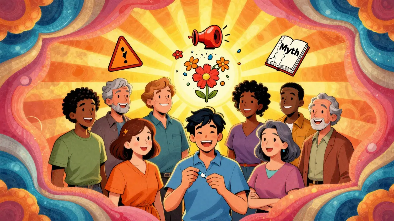 Patients happily take triptans and SSRIs together as outdated warnings crumble into flowers under a radiant sunburst.