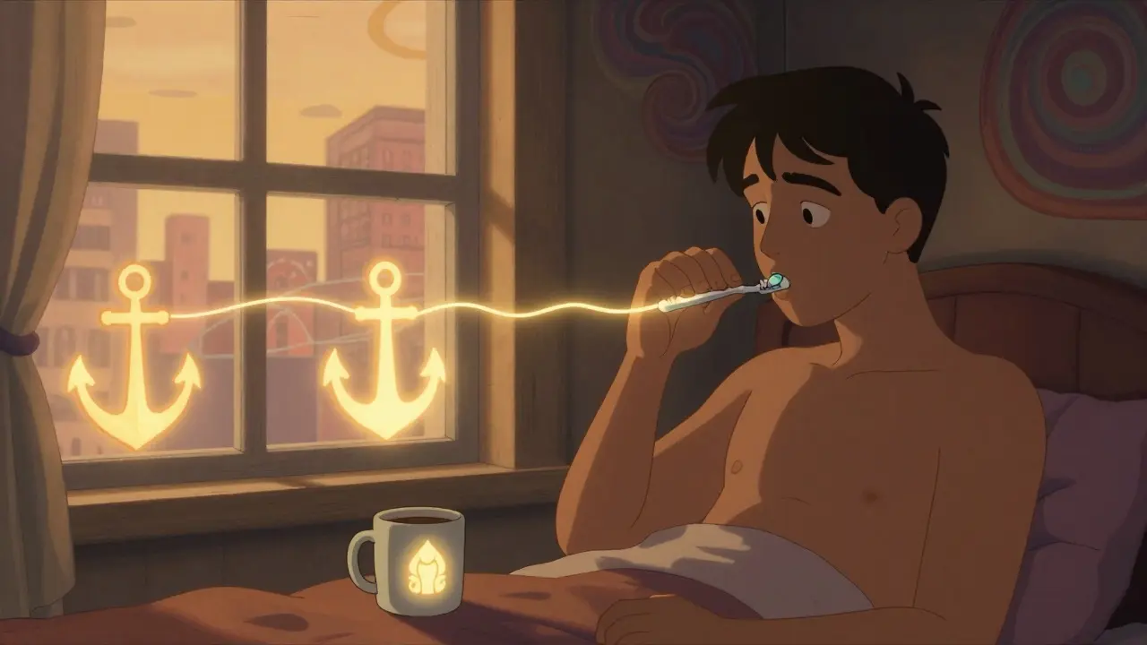 Someone taking medication after brushing their teeth, with a glowing routine anchor in a surreal, shifting new home.