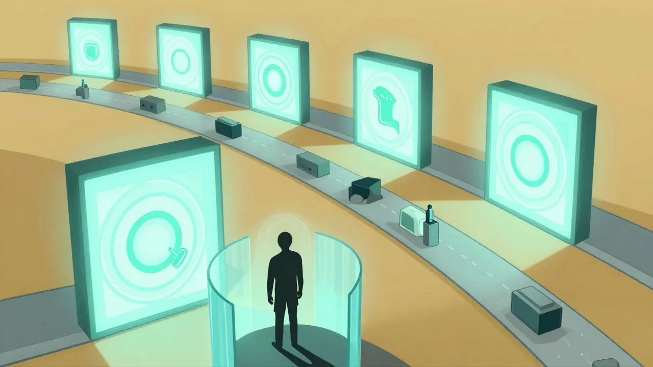 Stylized factory line with glowing safety shield barriers.